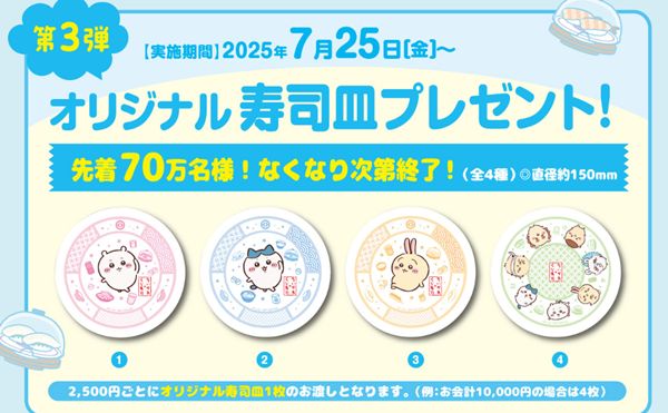 くら寿司、ちいかわの全プレ第三弾「オリジナル寿司皿」2025年6月